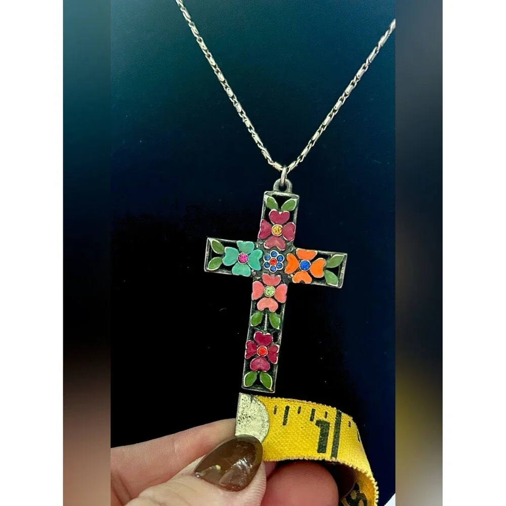 Ben-Amun Vintage Signed Floral Enamel Cross Pendant Necklace Silver Tone